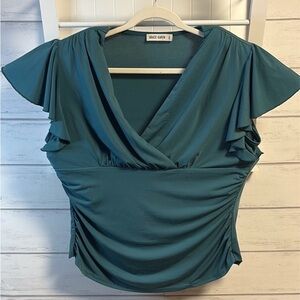 Grace Karin Teal Surplice Ruffle Sleeve Top